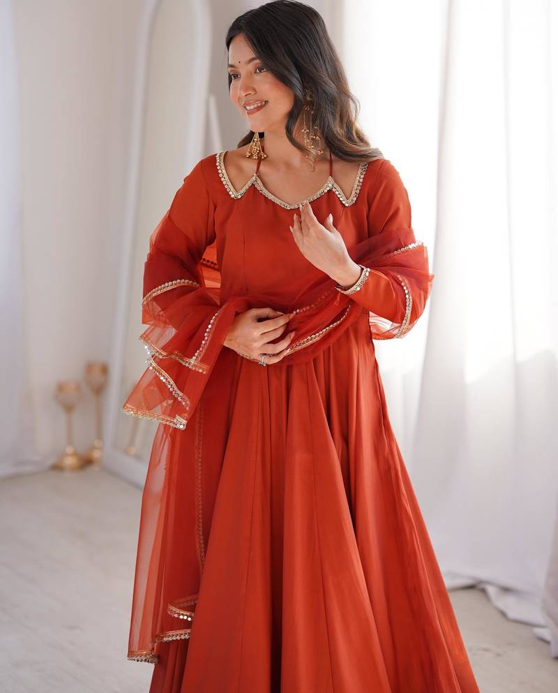 Women's Gorgeous Embroidery Work Roman Silk Chanderi Fabric Flared Anarkali Pant and Dupatta Set