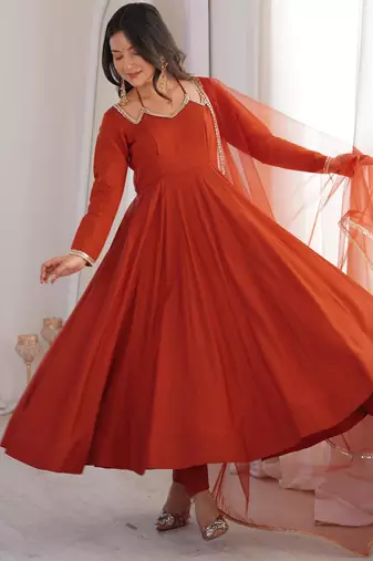 Women's Gorgeous Embroidery Work Roman Silk Chanderi Fabric Flared Anarkali Pant and Dupatta Set