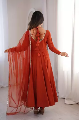 Women's Gorgeous Embroidery Work Roman Silk Chanderi Fabric Flared Anarkali Pant and Dupatta Set