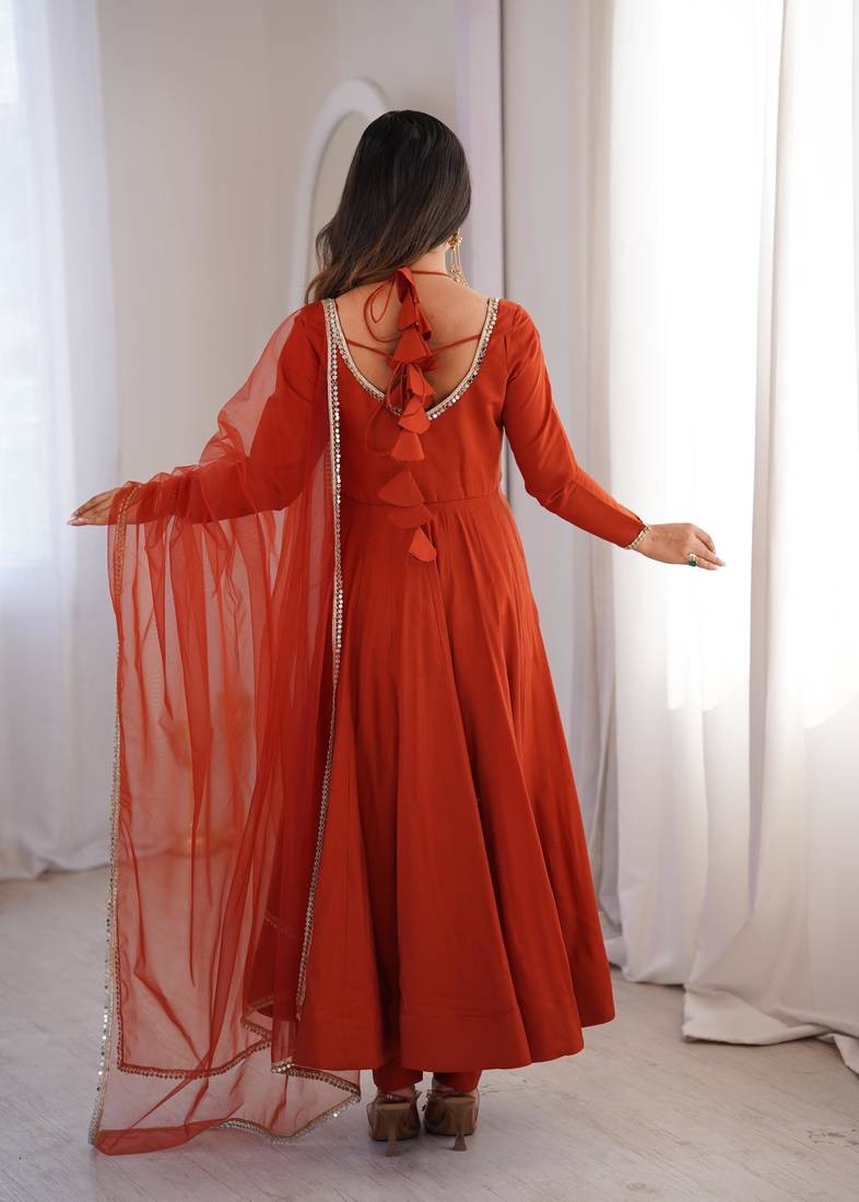 Women's Gorgeous Embroidery Work Roman Silk Chanderi Fabric Flared Anarkali Pant and Dupatta Set