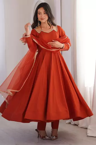 Women's Gorgeous Embroidery Work Roman Silk Chanderi Fabric Flared Anarkali Pant and Dupatta Set