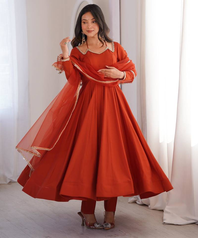 Women's Gorgeous Embroidery Work Roman Silk Chanderi Fabric Flared Anarkali Pant and Dupatta Set