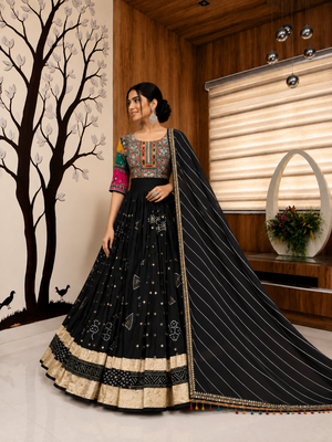 Muslin Cotton Lehenga Choli Set With Mirror Work And Lampi Lace 1