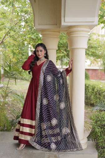 Maroon Rayon gown with gota patti lace & leheriya dupatta - full stitched free size