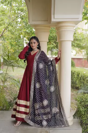 Maroon Rayon gown with gota patti lace & leheriya dupatta - full stitched free size