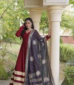 Maroon Rayon gown with gota patti lace & leheriya dupatta - full stitched free size