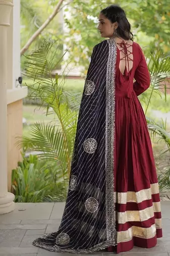Maroon Rayon gown with gota patti lace & leheriya dupatta - full stitched free size