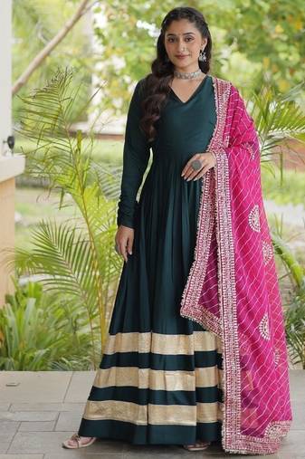 Green rayon gown with gota patti lace & leheriya dupatta  - full stitched free size