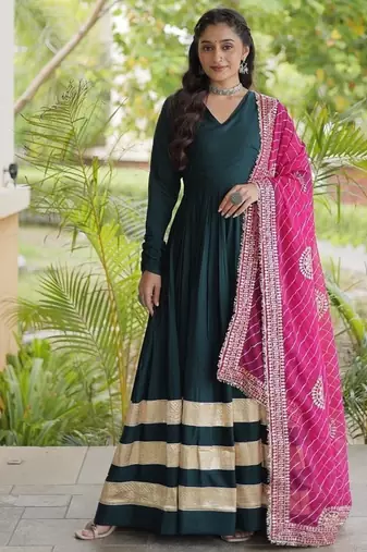 Green rayon gown with gota patti lace & leheriya dupatta  - full stitched free size