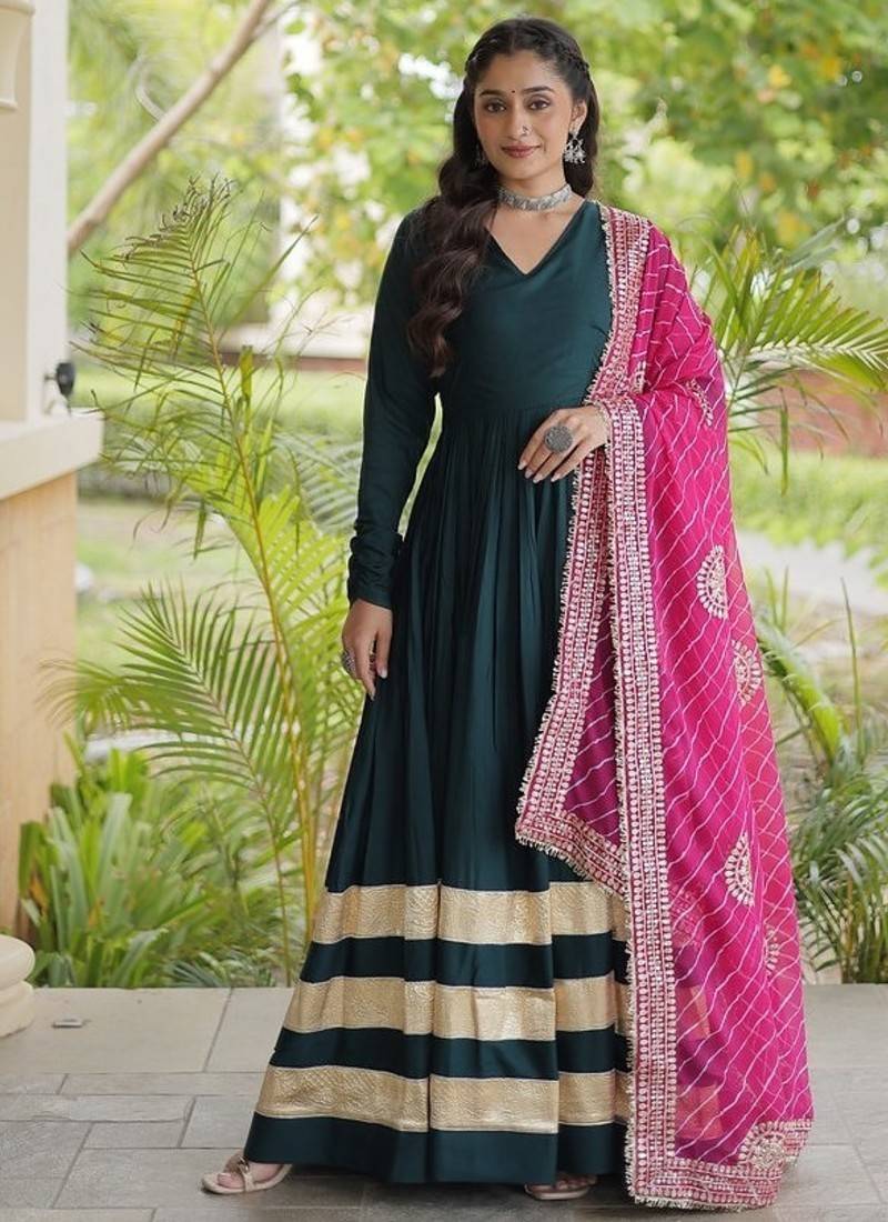 Green rayon gown with gota patti lace & leheriya dupatta  - full stitched free size