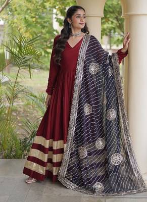Maroon Rayon gown with gota patti lace & leheriya dupatta - full stitched free size 3