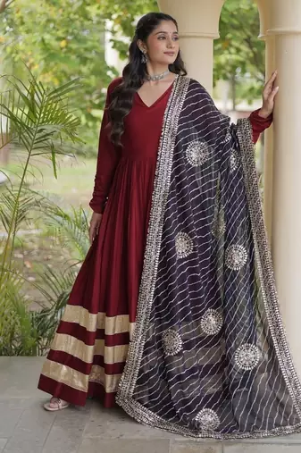 Maroon Rayon gown with gota patti lace & leheriya dupatta - full stitched free size