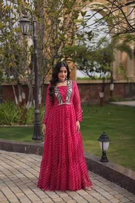 Pink printed faux georgette gown - full stitched free size 1