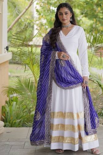 white rayon gown with gota patti lace & leheriya dupatta  - full stitched free size