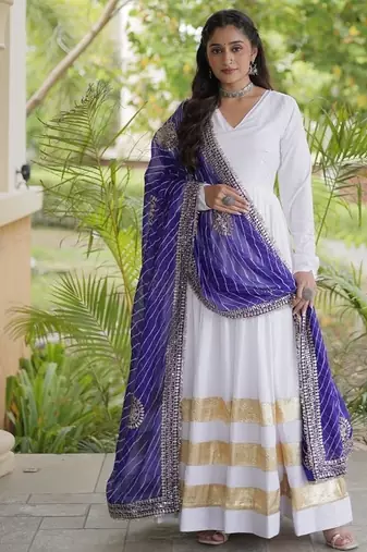 white rayon gown with gota patti lace & leheriya dupatta  - full stitched free size
