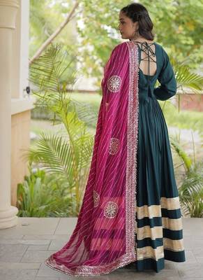 Green rayon gown with gota patti lace & leheriya dupatta  - full stitched free size 2