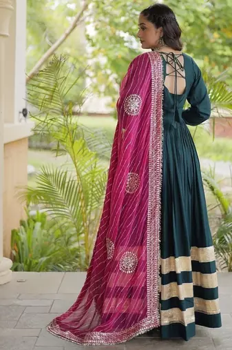 Green rayon gown with gota patti lace & leheriya dupatta  - full stitched free size