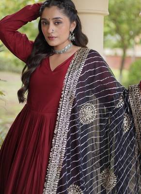 Maroon Rayon gown with gota patti lace & leheriya dupatta - full stitched free size 4