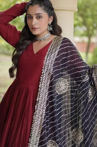 Maroon Rayon gown with gota patti lace & leheriya dupatta - full stitched free size