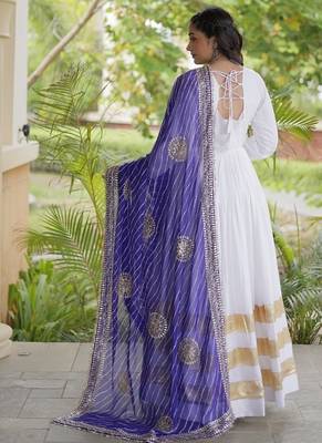 white rayon gown with gota patti lace & leheriya dupatta  - full stitched free size 2