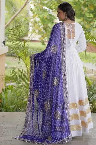 white rayon gown with gota patti lace & leheriya dupatta  - full stitched free size