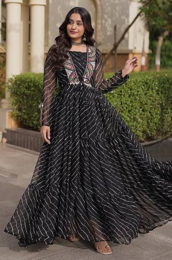 black printed faux georgette gown  - full stitched free size