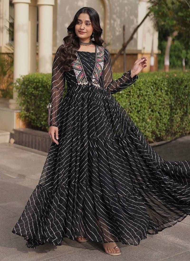 black printed faux georgette gown  - full stitched free size