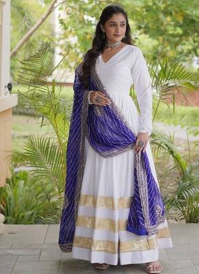white rayon gown with gota patti lace & leheriya dupatta  - full stitched free size 3