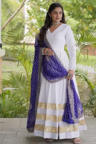 white rayon gown with gota patti lace & leheriya dupatta  - full stitched free size