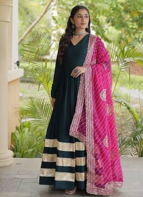 Green rayon gown with gota patti lace & leheriya dupatta  - full stitched free size 3