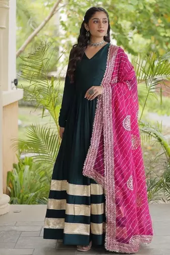 Green rayon gown with gota patti lace & leheriya dupatta  - full stitched free size