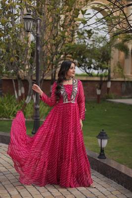 Pink printed faux georgette gown - full stitched free size 3