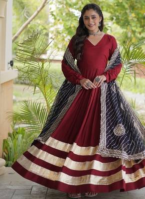 Maroon Rayon gown with gota patti lace & leheriya dupatta - full stitched free size 5
