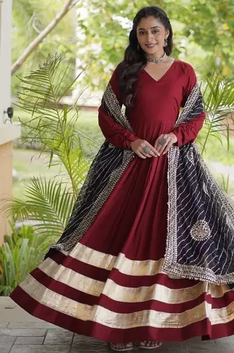 Maroon Rayon gown with gota patti lace & leheriya dupatta - full stitched free size