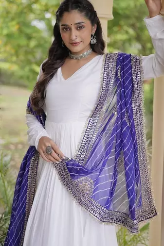 white rayon gown with gota patti lace & leheriya dupatta  - full stitched free size