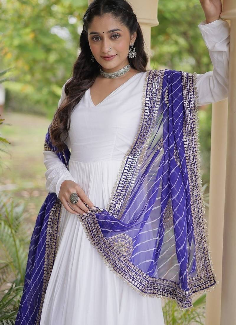 white rayon gown with gota patti lace & leheriya dupatta  - full stitched free size