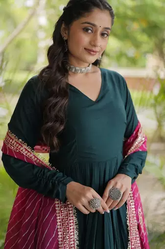 Green rayon gown with gota patti lace & leheriya dupatta  - full stitched free size