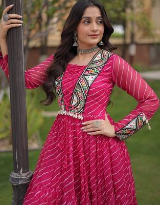 Pink printed faux georgette gown - full stitched free size 4