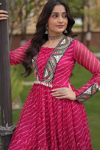 Pink printed faux georgette gown - full stitched free size