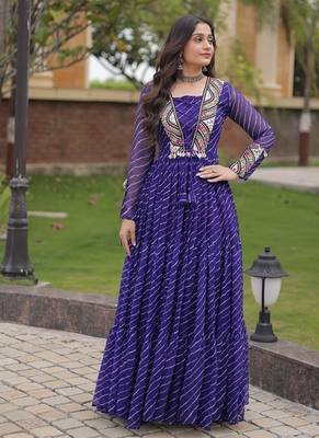 Purple printed faux georgette gown  - full stitched free size 1