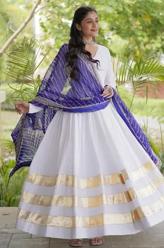white rayon gown with gota patti lace & leheriya dupatta  - full stitched free size