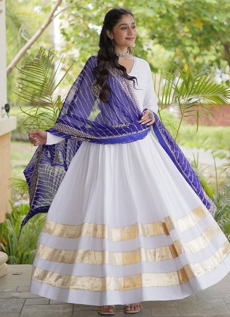 white rayon gown with gota patti lace & leheriya dupatta  - full stitched free size