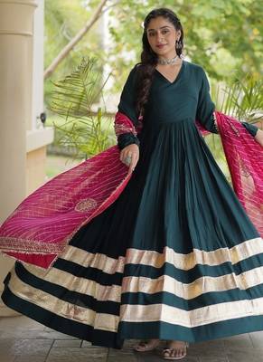 Green rayon gown with gota patti lace & leheriya dupatta  - full stitched free size 5