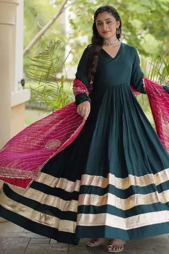 Green rayon gown with gota patti lace & leheriya dupatta  - full stitched free size