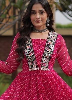 Pink printed faux georgette gown - full stitched free size 5