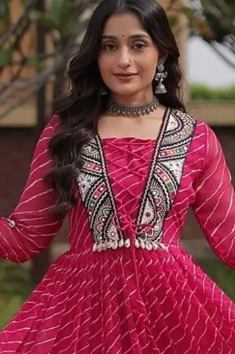 Pink printed faux georgette gown - full stitched free size