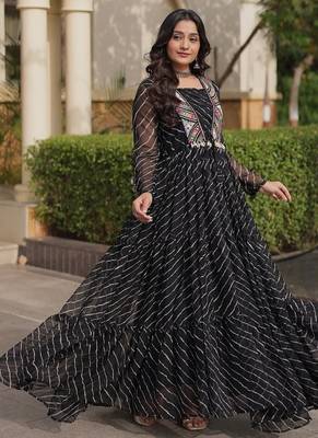 black printed faux georgette gown  - full stitched free size 3
