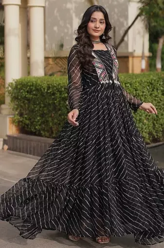 black printed faux georgette gown  - full stitched free size