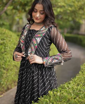 black printed faux georgette gown  - full stitched free size 4