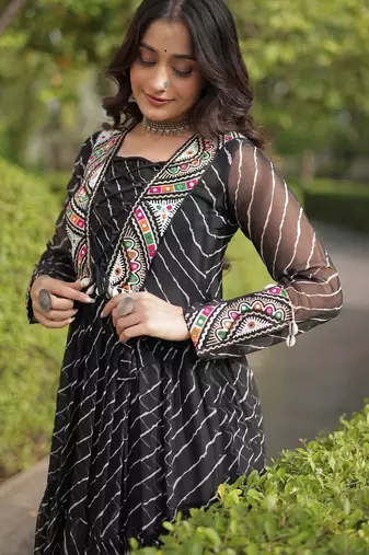 black printed faux georgette gown  - full stitched free size